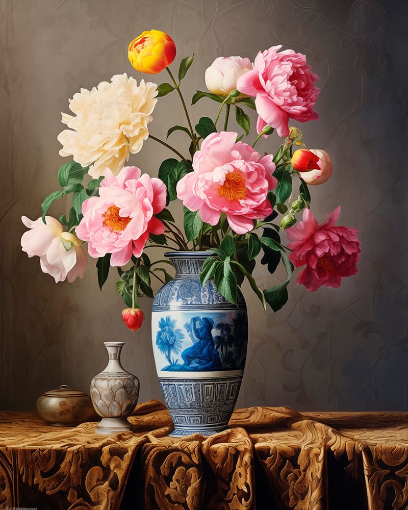 Peonies in porcelain vase.  (AI Generated) art print by Fred Lord for $57.95 CAD