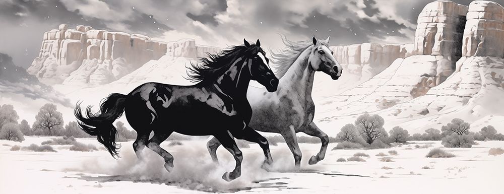 Two horses running.  (AI Generated) art print by Fred Lord for $57.95 CAD