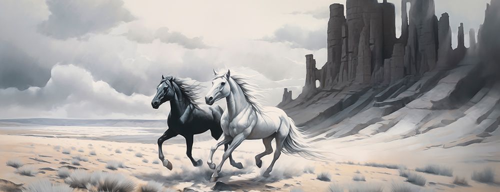 Two horses running.  (AI Generated) art print by Fred Lord for $57.95 CAD
