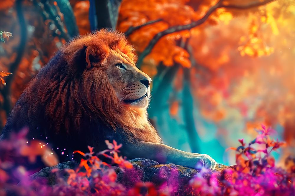 Lion in spring setting. (AI Generated) art print by Jim Zuckerman for $57.95 CAD