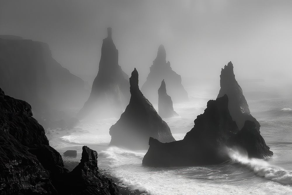 Sea stacks and ocean shore mist. (AI Generated) art print by Jim Zuckerman for $57.95 CAD
