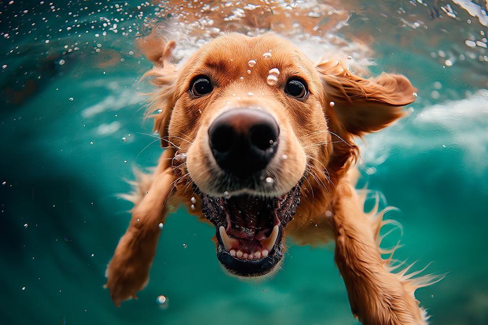 Dog diving underwater. AI Generated. art print by Jim Zuckerman for $57.95 CAD