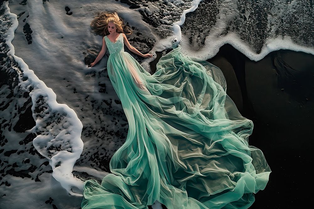 Young woman on beach with flowing dress. (AI Generated) art print by Jim Zuckerman for $57.95 CAD