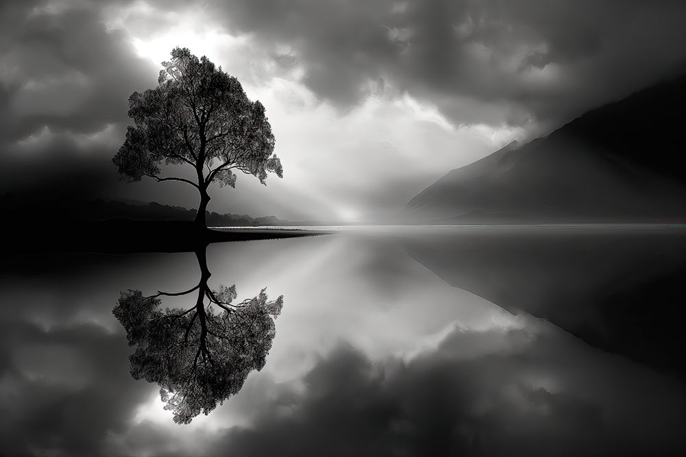 Tree reflection in lake. (AI Generated) art print by Jim Zuckerman for $57.95 CAD