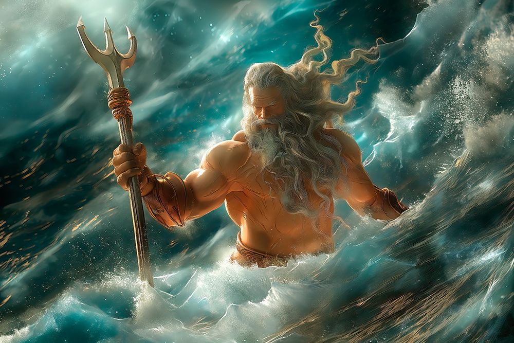 Roman god Neptune with triton in ocean wave. (AI Generated) art print by Jim Zuckerman for $57.95 CAD