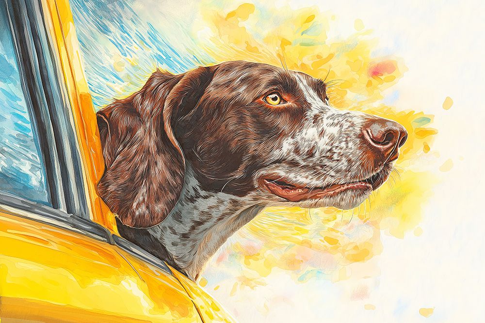 Dog riding with head out car window. (AI Generated) art print by Fred Lord for $57.95 CAD