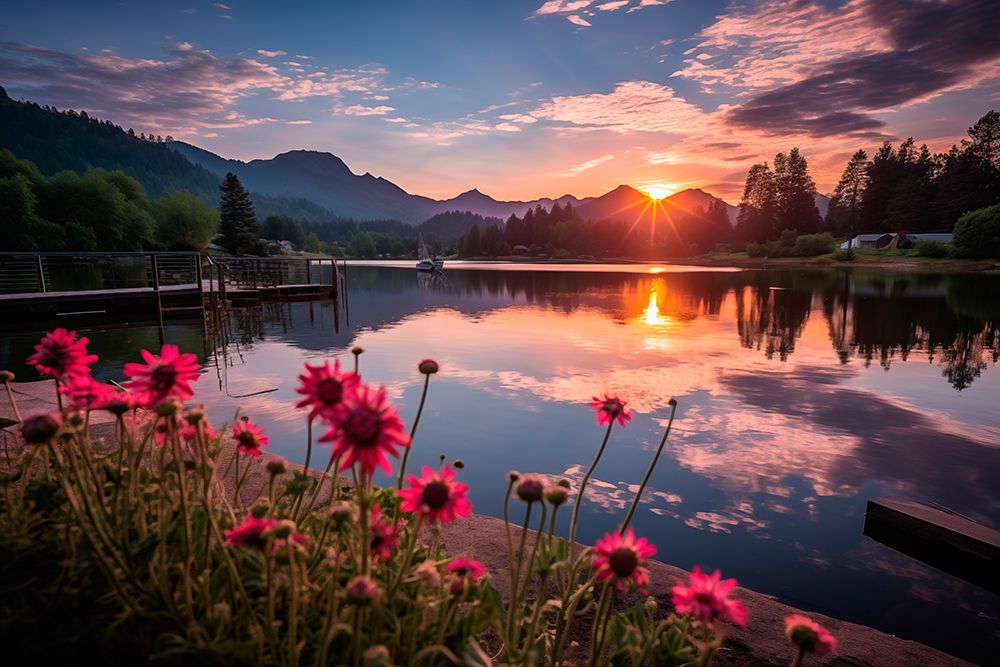 Tranquil mountain lake at sunrise or sunset. (AI Generated) art print by Fred Lord for $57.95 CAD