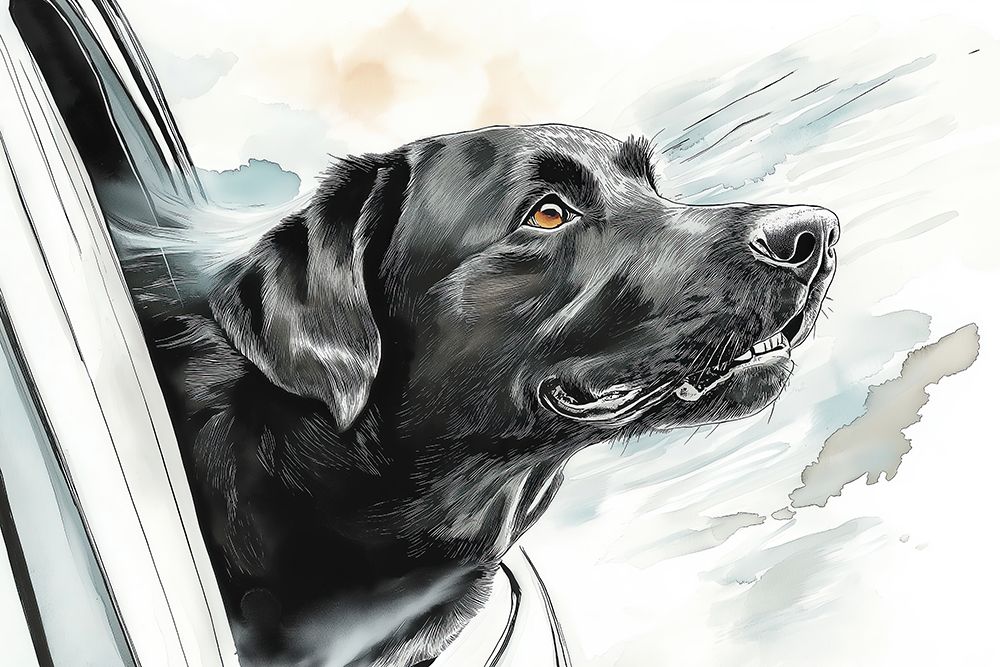 Black lab dog riding with head out car window. (AI Generated) art print by Fred Lord for $57.95 CAD