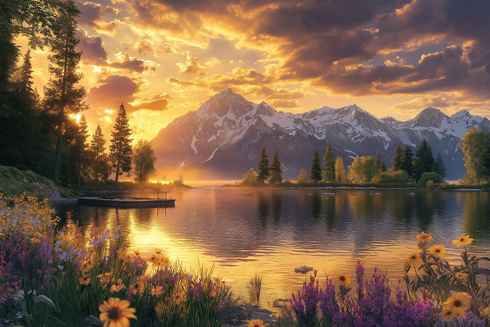 Tranquil mountain lake in spring with flowers at sunrise or sunset. (AI Generated) art print by Fred Lord for $57.95 CAD