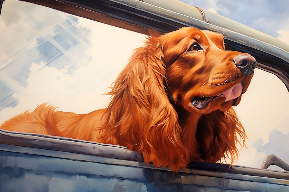 Happy Irish setter dog with head out car window.  (AI Generated) art print by Fred Lord for $57.95 CAD