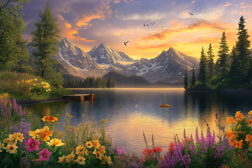 Tranquil mountain lake in spring with flowers at sunrise or sunset. (AI Generated) art print by Fred Lord for $57.95 CAD