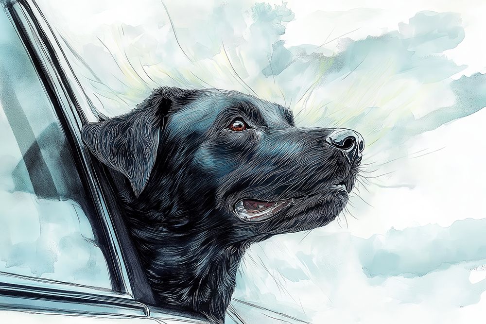 Black lab dog riding with head out car window. (AI Generated) art print by Fred Lord for $57.95 CAD