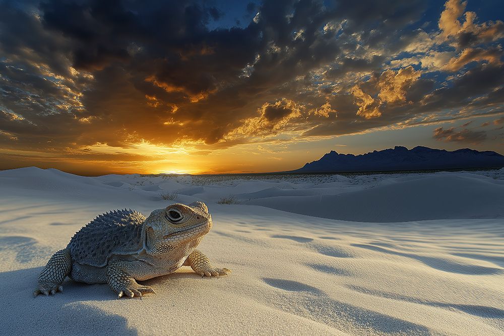 Lizard in white sand dunes. (AI Generated) art print by Fred Lord for $57.95 CAD