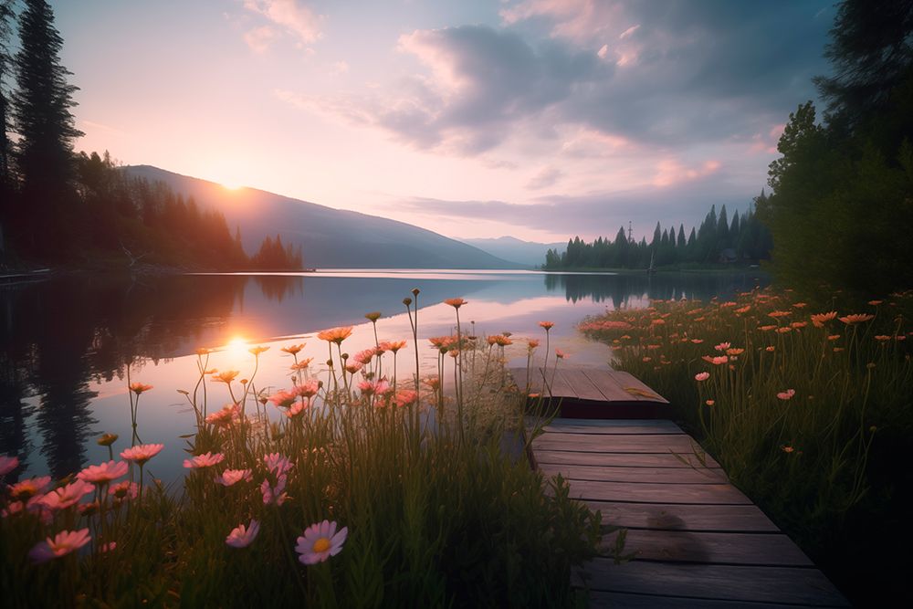 Tranquil mountain lake at sunrise or sunset. (AI Generated) art print by Fred Lord for $57.95 CAD