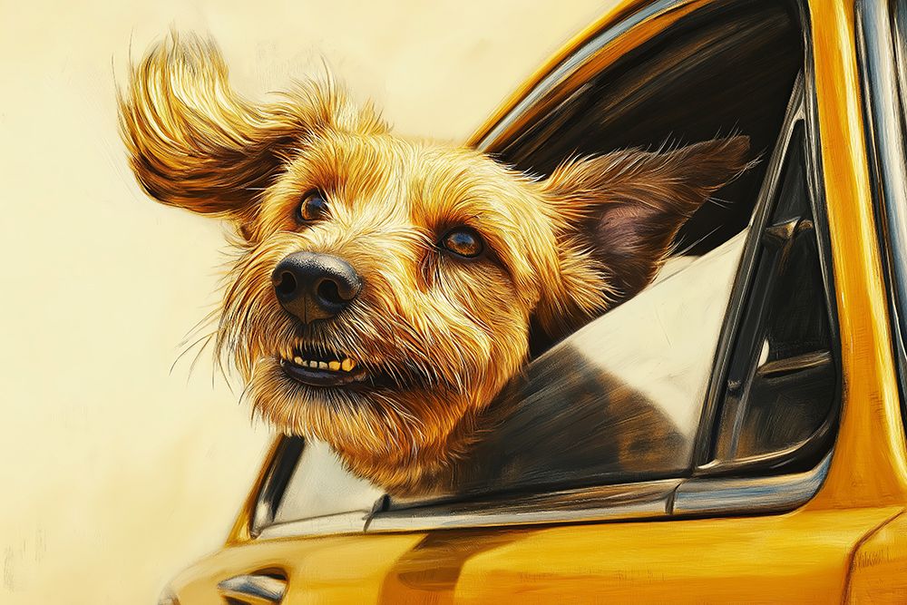 Happy dog riding with head out car window. (AI Generated) art print by Fred Lord for $57.95 CAD