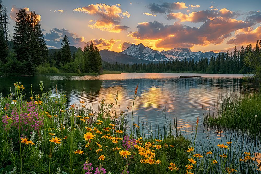 Tranquil mountain lake in spring with flowers at sunrise or sunset. (AI Generated) art print by Fred Lord for $57.95 CAD