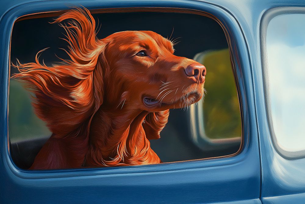 Irish setter dog with head out car window.  (AI Generated) art print by Fred Lord for $57.95 CAD