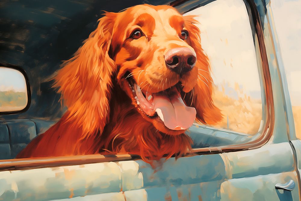 Happy Irish setter dog with head out car window.  (AI Generated) art print by Fred Lord for $57.95 CAD