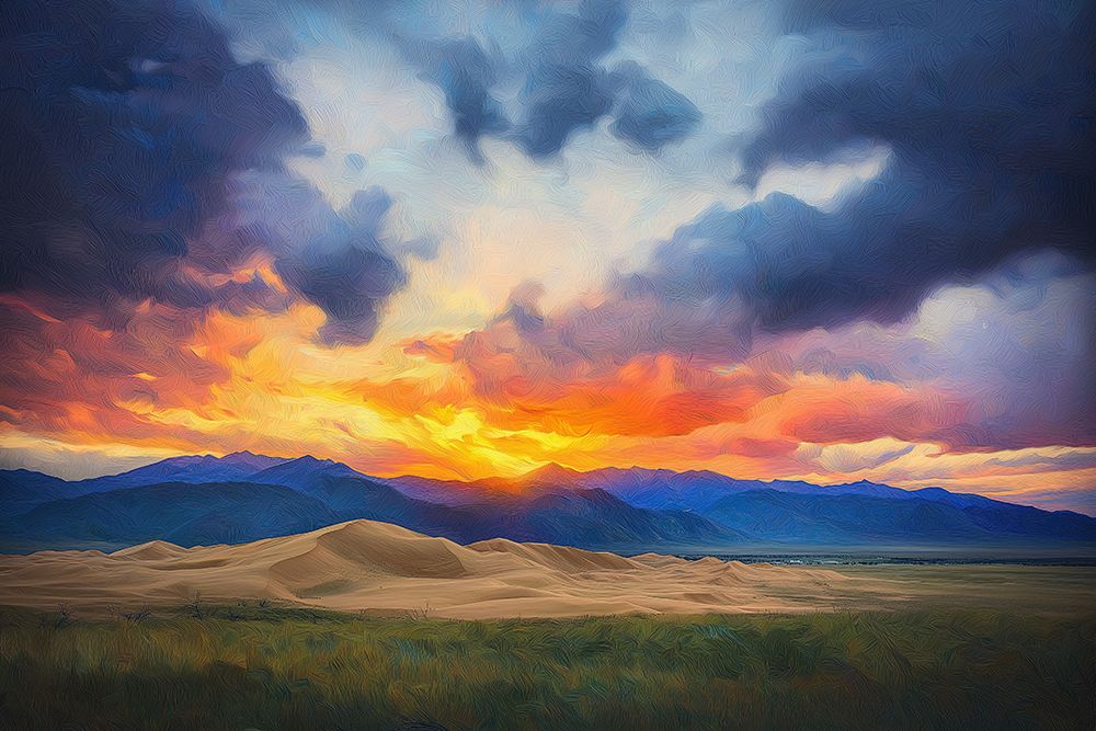 Great Sand Dunes with dramatic sunset.  (AI Generated) art print by Fred Lord for $57.95 CAD