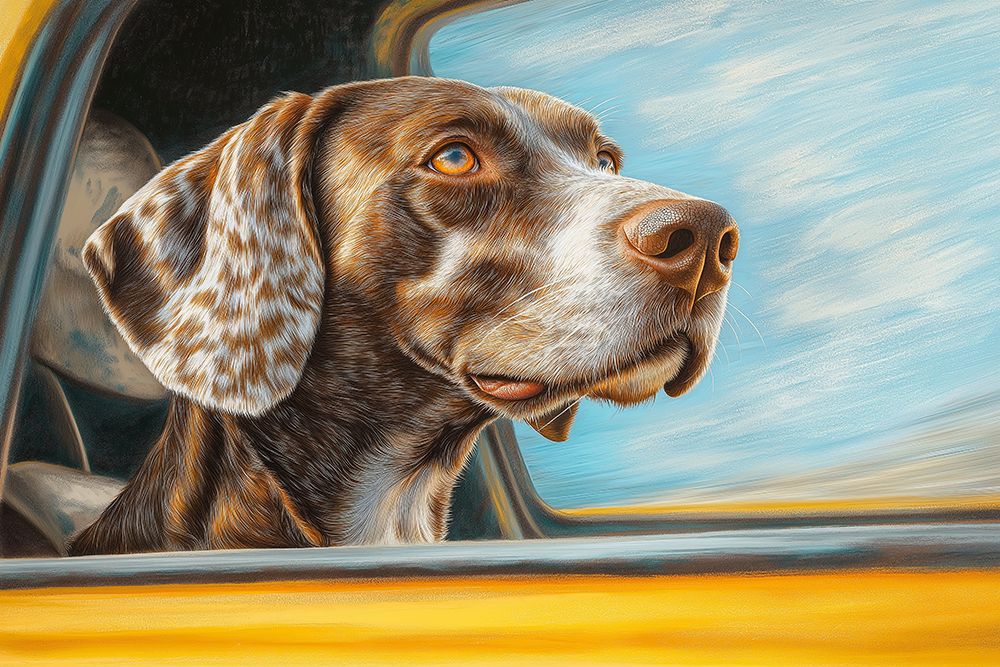 Dog riding with head out car window. (AI Generated) art print by Fred Lord for $57.95 CAD