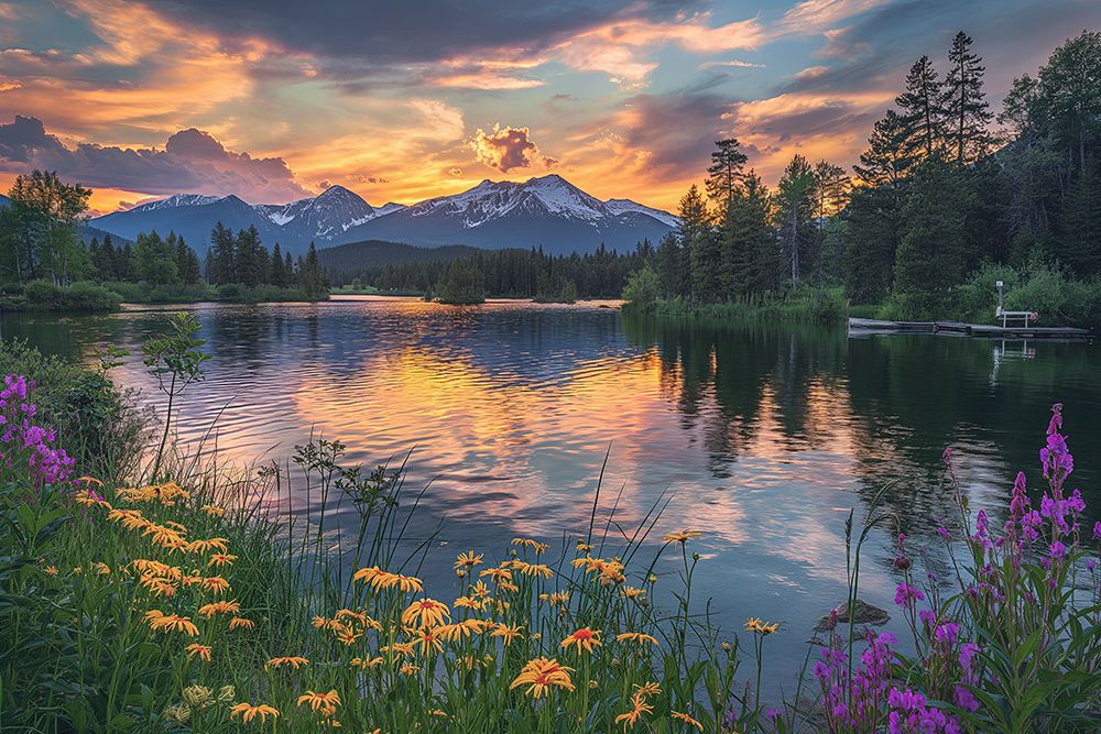 Tranquil mountain lake in spring with flowers at sunrise or sunset. (AI Generated) art print by Fred Lord for $57.95 CAD