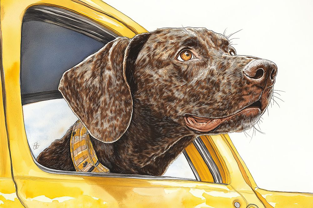 Brown dog riding with head out car window. (AI Generated) art print by Fred Lord for $57.95 CAD