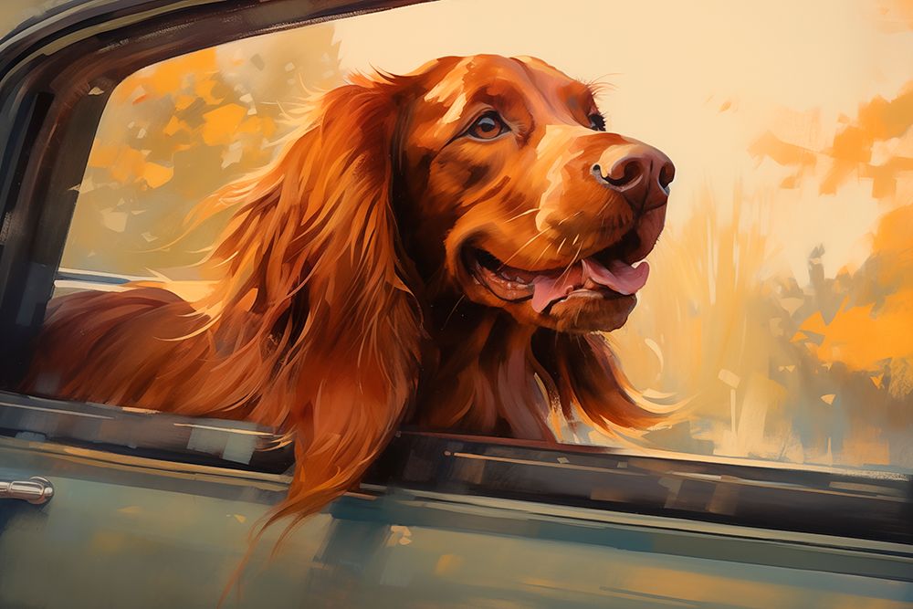 Happy Irish setter dog with head out car window.  (AI Generated) art print by Fred Lord for $57.95 CAD