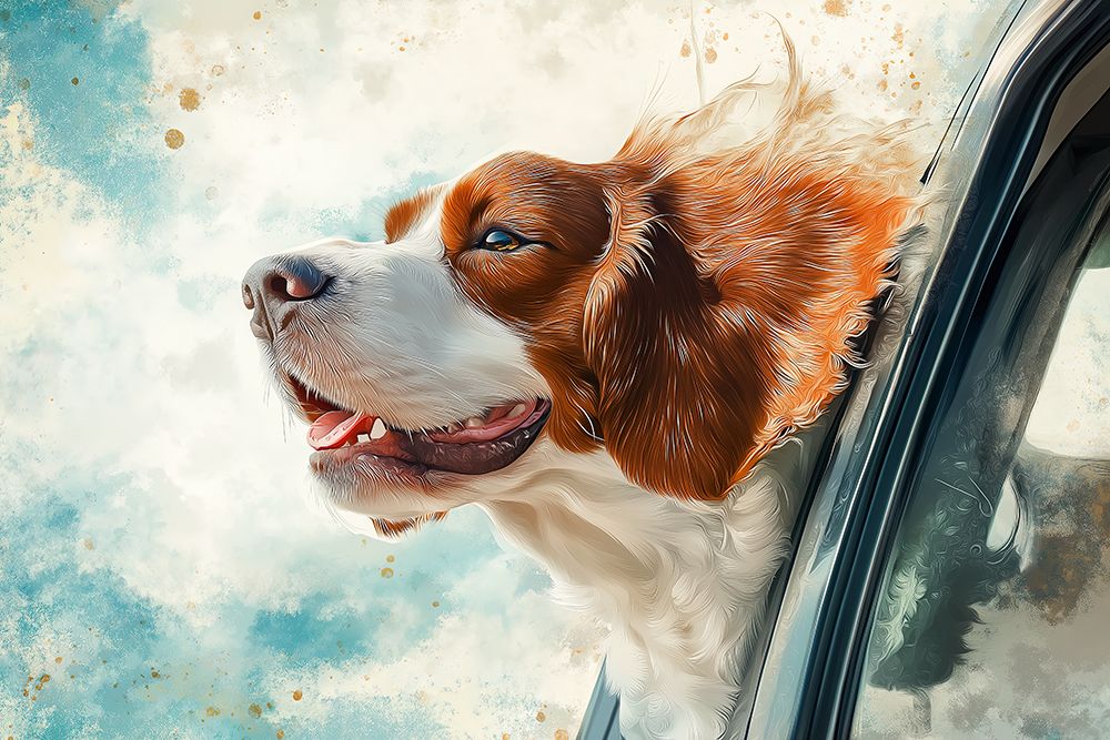 Happy dog riding with head out car window. (AI Generated) art print by Fred Lord for $57.95 CAD