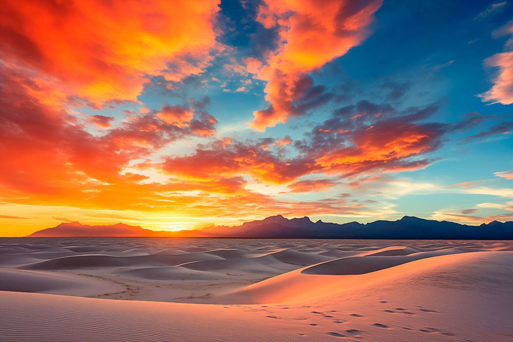 Sandy desert at sunset or sunrise with footprints. (AI Generated) art print by Fred Lord for $57.95 CAD