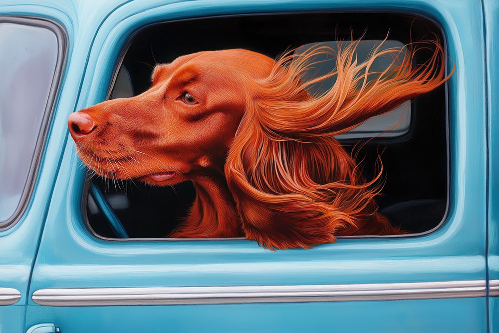 Happy Irish setter dog with head out car window.  (AI Generated) art print by Fred Lord for $57.95 CAD