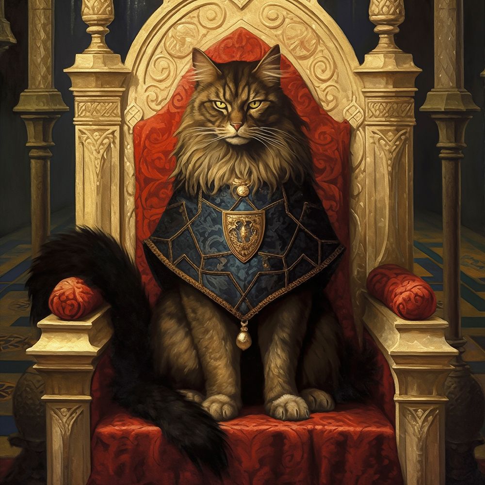 A proud long-haired cat sitting on a throne.  (AI Generated) art print by Fred Lord for $57.95 CAD