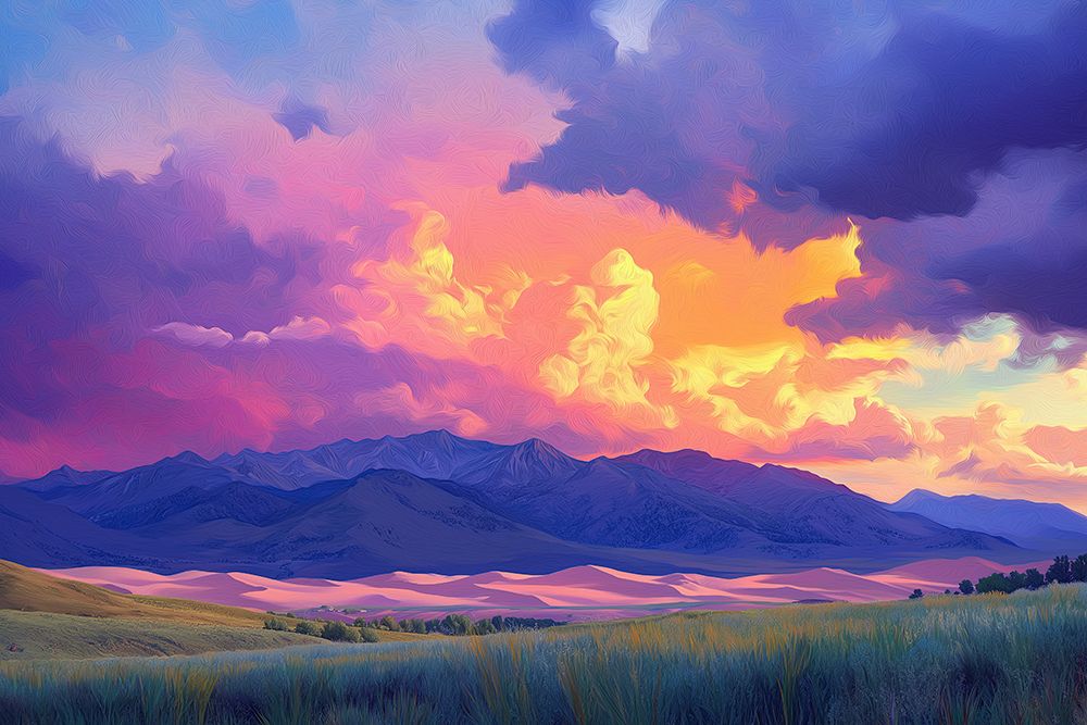 Great Sand Dunes with dramatic sunset.  (AI Generated) art print by Fred Lord for $57.95 CAD