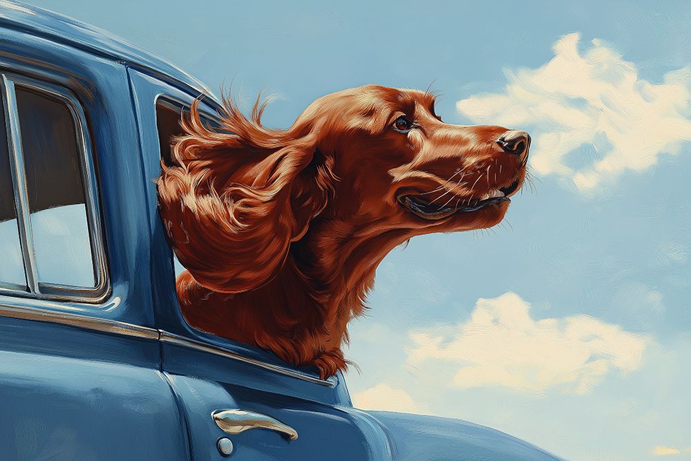 Happy Irish setter dog with head out car window.  (AI Generated) art print by Fred Lord for $57.95 CAD