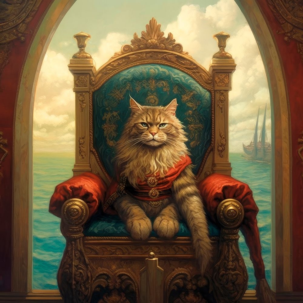 A proud long-haired cat sitting on a throne.  (AI Generated) art print by Fred Lord for $57.95 CAD