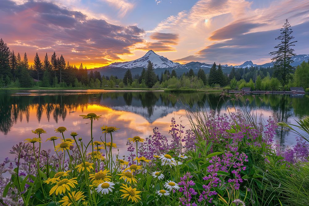 Tranquil mountain lake in spring with flowers at sunrise or sunset. (AI Generated) art print by Fred Lord for $57.95 CAD
