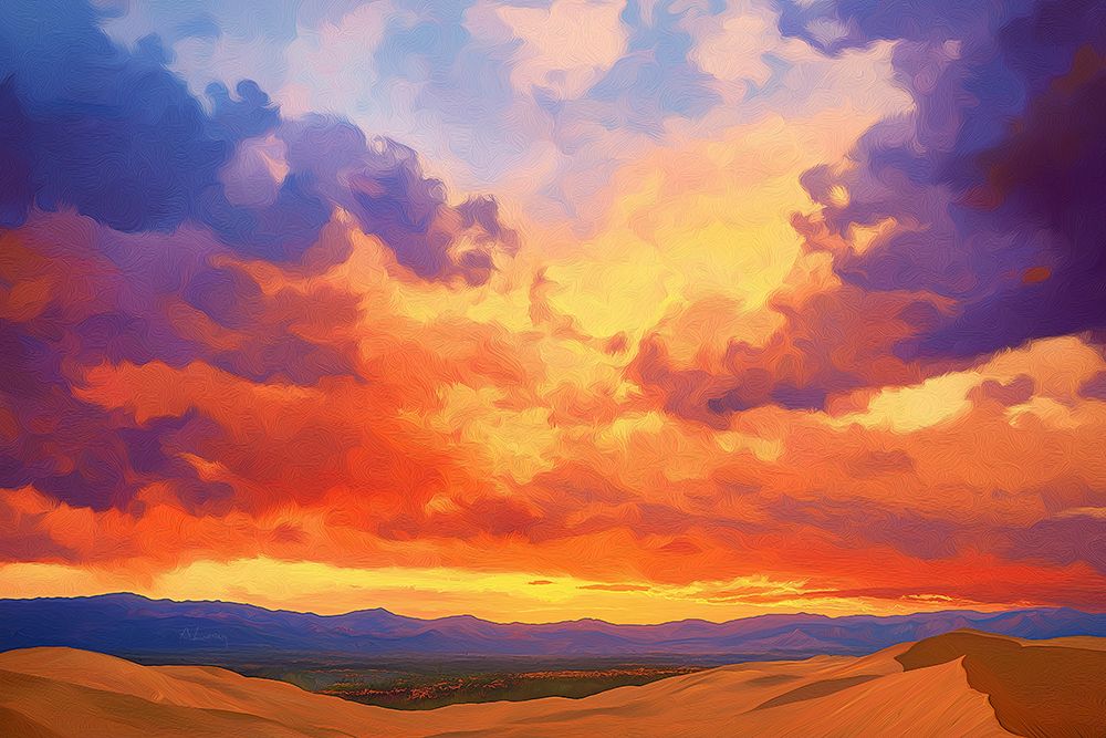 Great Sand Dunes with dramatic sunset.  (AI Generated) art print by Fred Lord for $57.95 CAD