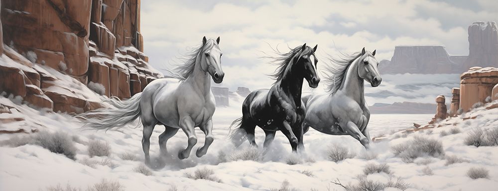Panoramic of horses running on desert snow art print by Jaynes Gallery for $57.95 CAD