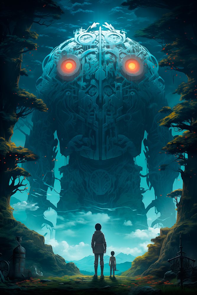 Gigantic fantasy robot with glowing eyes art print by Jaynes Gallery for $57.95 CAD