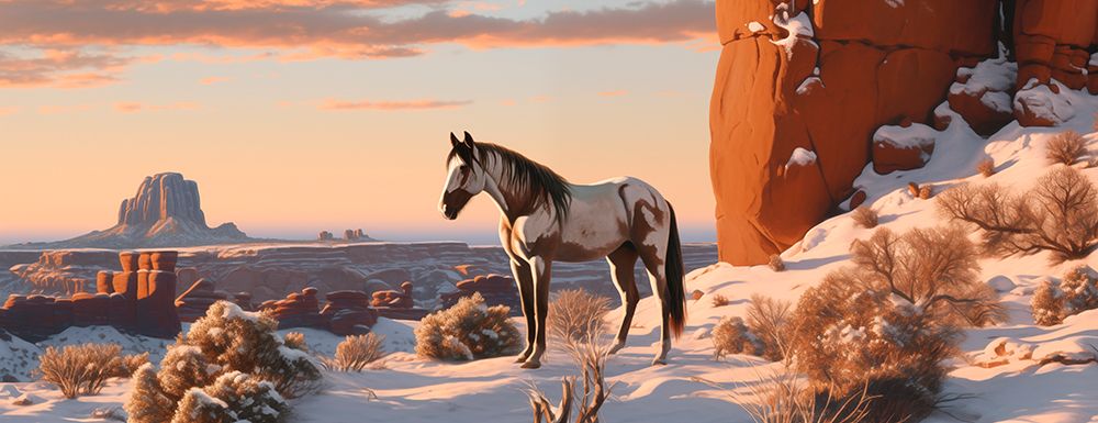 Panoramic of horse standing in desert snow art print by Jaynes Gallery for $57.95 CAD