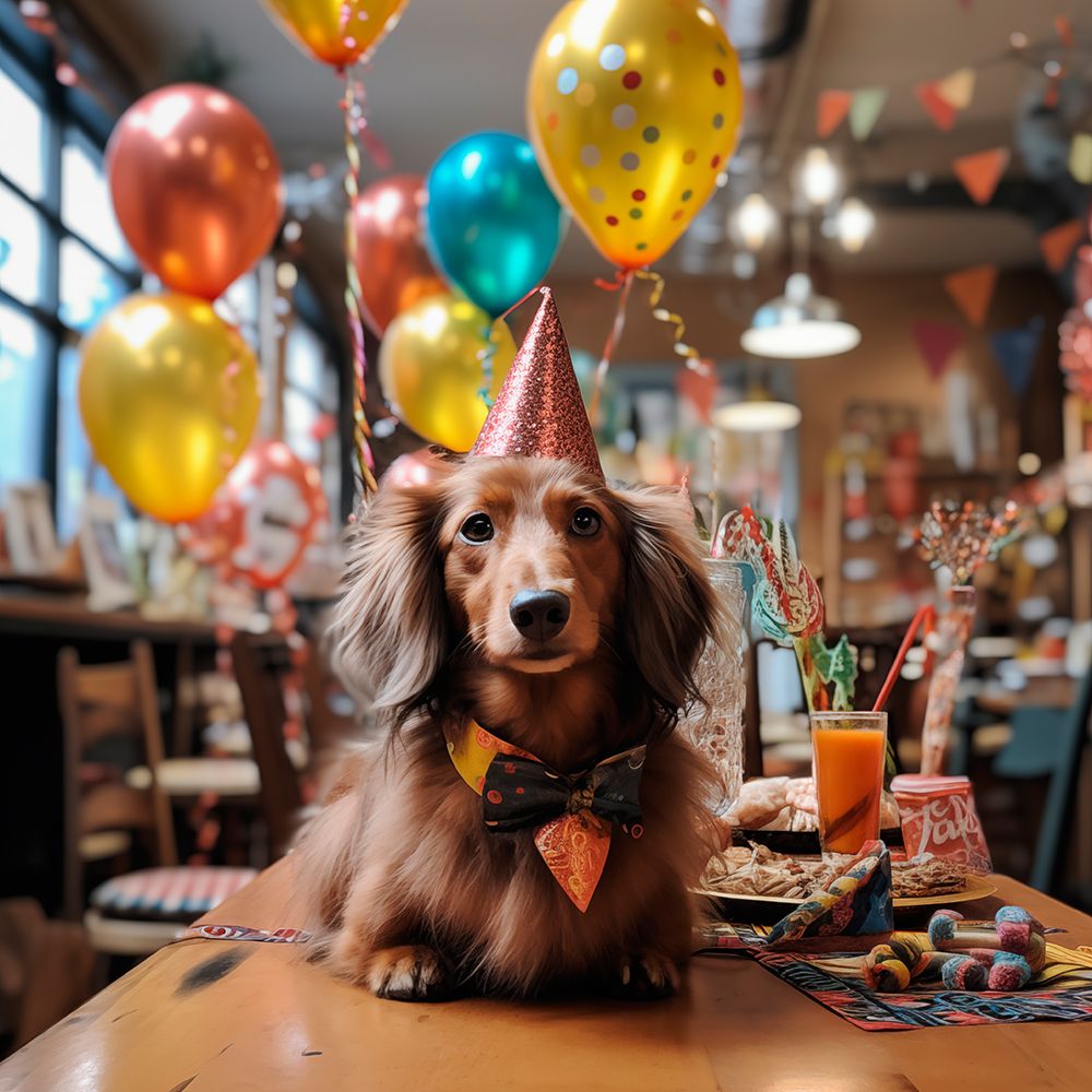 Dachshund adult dog at birthday party art print by Jaynes Gallery for $57.95 CAD