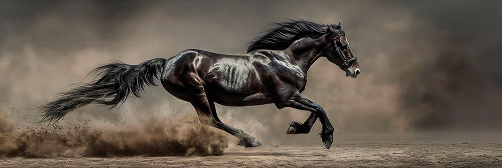 Panoramic of running black horse on soil art print by Jaynes Gallery for $57.95 CAD