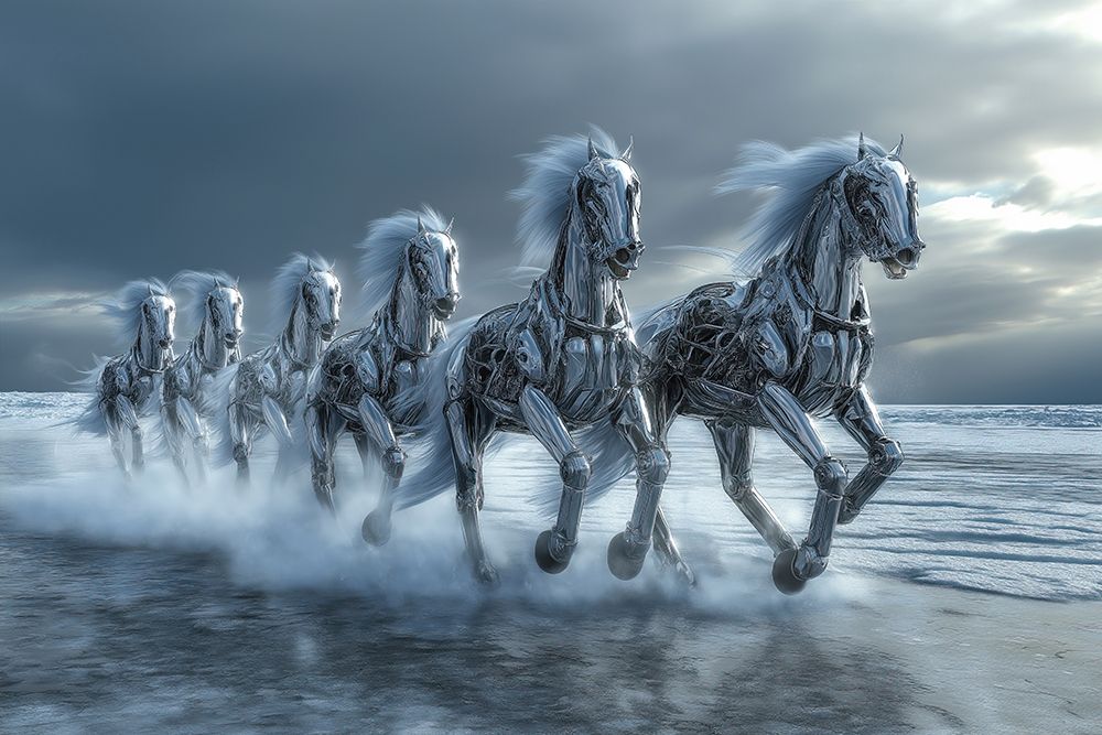 Line of fantasy metal horses running on beach water art print by Jaynes Gallery for $57.95 CAD