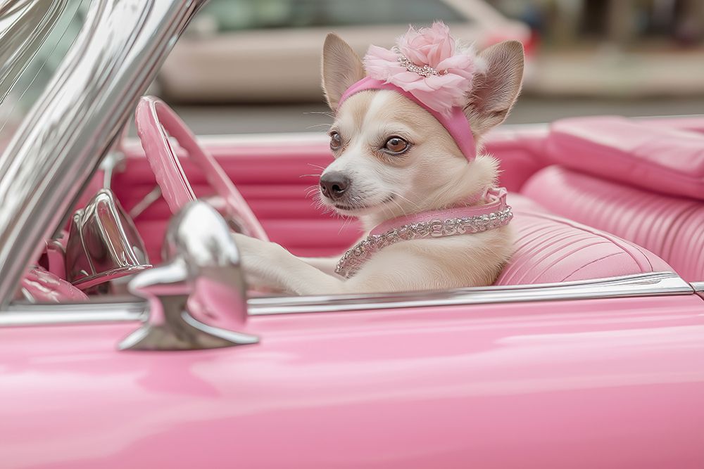 Female dog driving pink convertible auto art print by Jaynes Gallery for $57.95 CAD