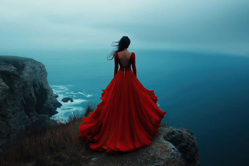 Back of woman in red flowing gown facing ocean art print by Jaynes Gallery for $57.95 CAD