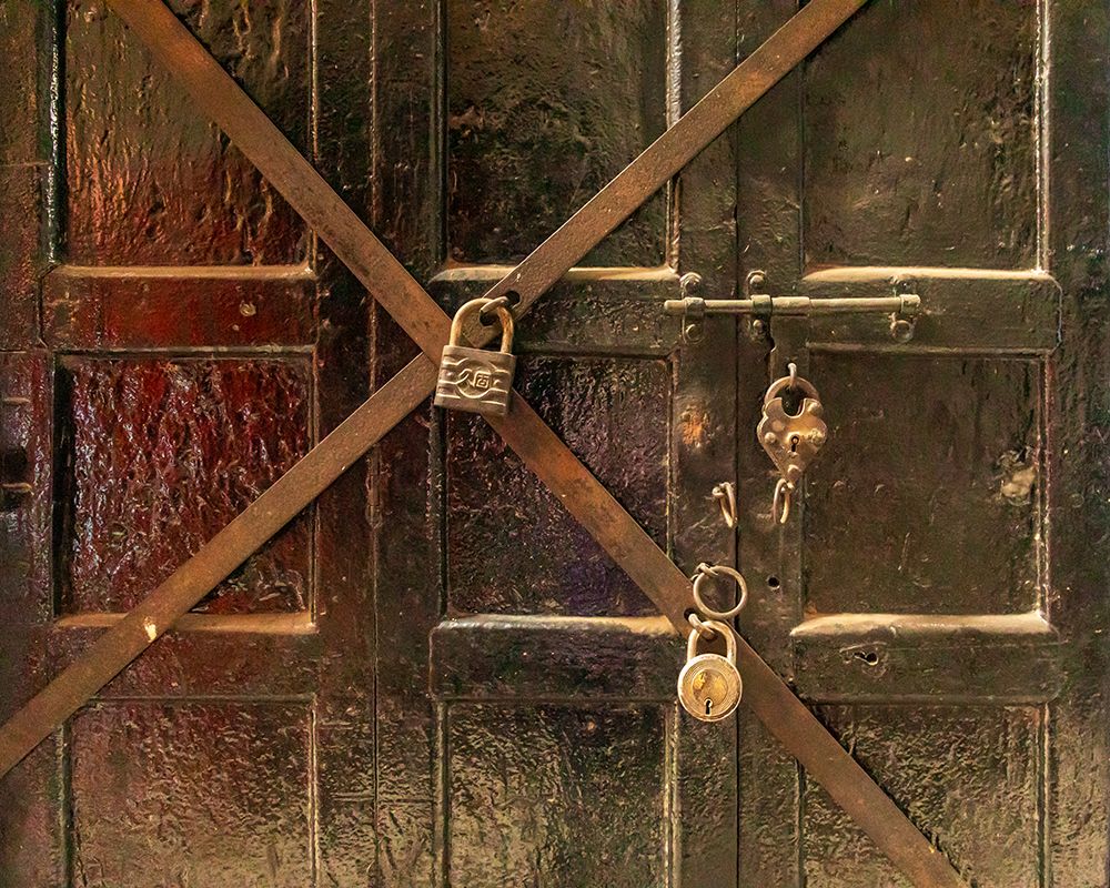 Close-up of wooden door with multiple padlocks. art print by Emily M. Wilson for $57.95 CAD