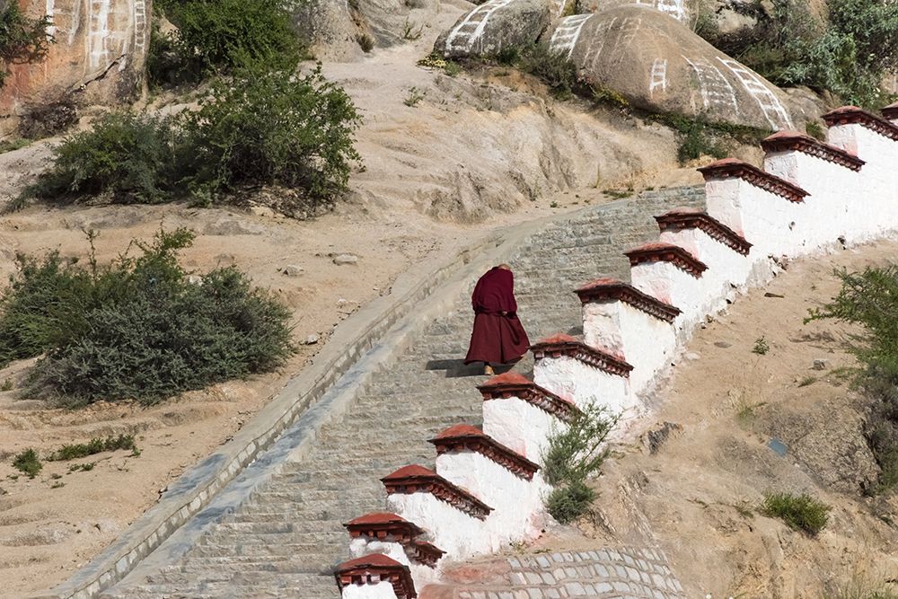 Monk walking the stairs in Drepung Monastery-Gelug university monasteries of Tibet-Lhasa-Tibet-China art print by Keren Su for $57.95 CAD