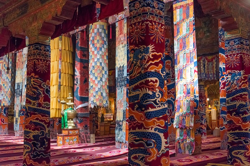 Inside a praying hall in Drepung Monastery-Gelug university monasteries of Tibet-Lhasa-Tibet-China art print by Keren Su for $57.95 CAD