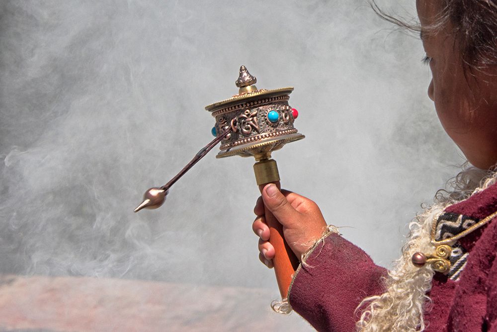 Tibetan girl-prayer wheel-Drepung Monastery-Gelug university monasteries of Tibet-Lhasa-Tibet-China art print by Keren Su for $57.95 CAD