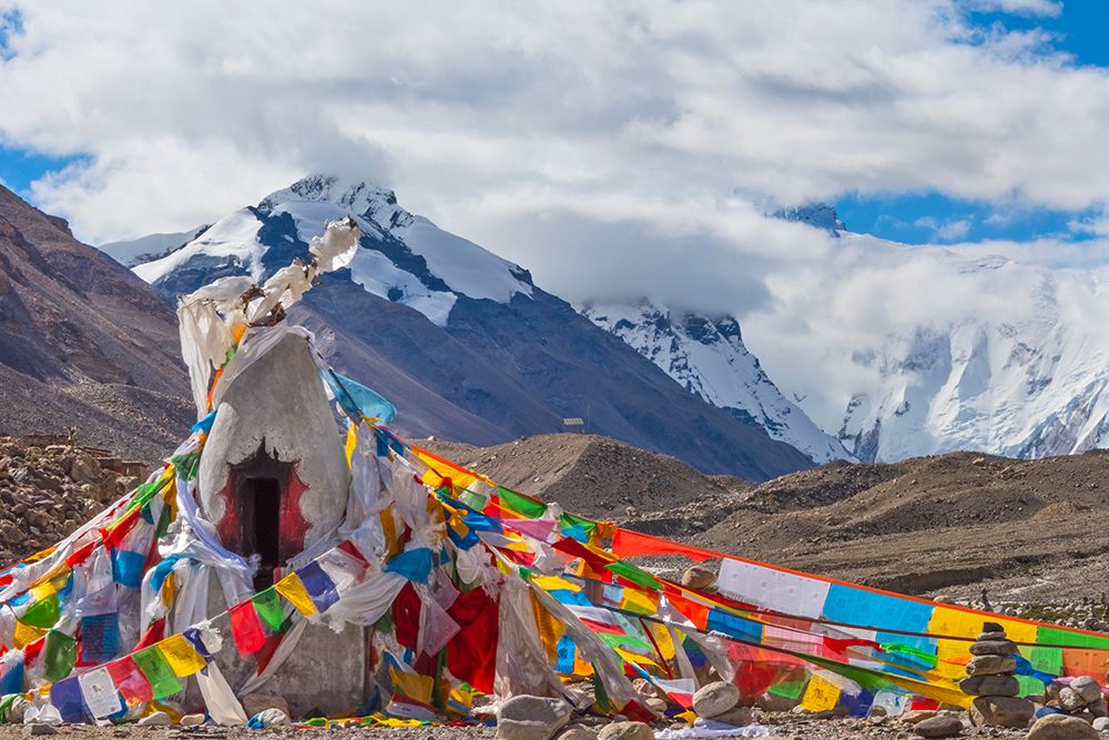 Mani pile and prayer flags in Rongbuk Valley-Lhotse peak-Mt-Everest-Shigatse Prefecture-Tibet-China art print by Keren Su for $57.95 CAD