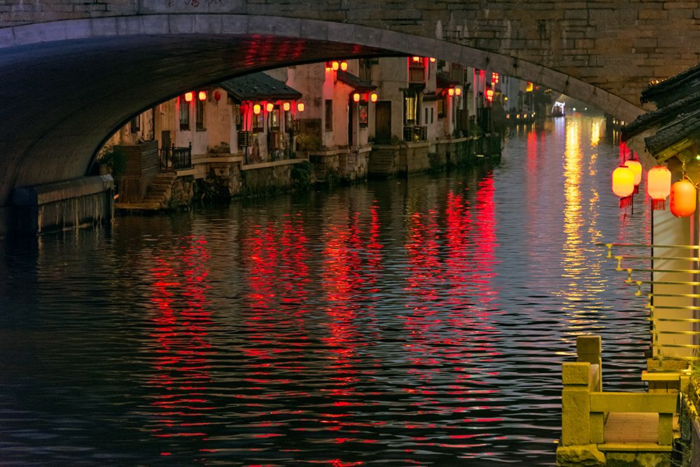 Night view of traditional house and stone bridge on the Grand Canal-Wuxi-Jiangsu Province-China art print by Keren Su for $57.95 CAD